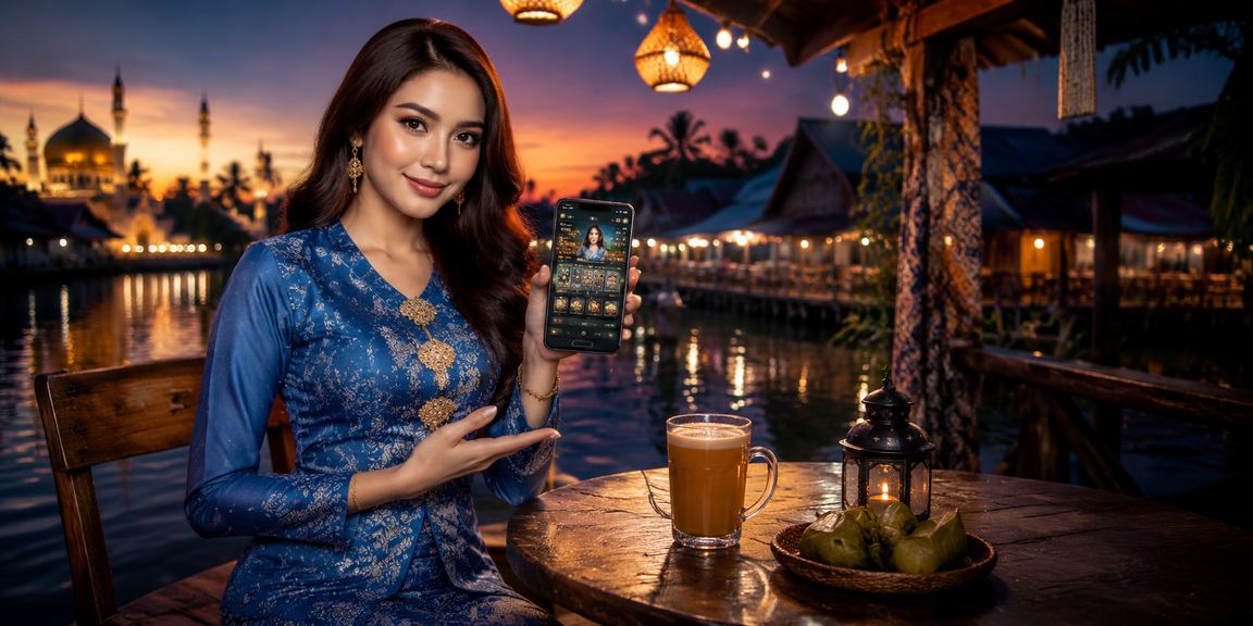 Pengguna wanita berbaju kurung menggunakan aplikasi kasino mudah alih rm35 di Malaysia